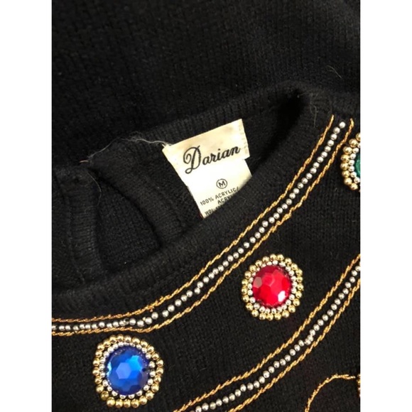 Darian | Vintage 80's Black Jeweled Long Sleeved Sweater Dress | Size Medium - Picture 3 of 10